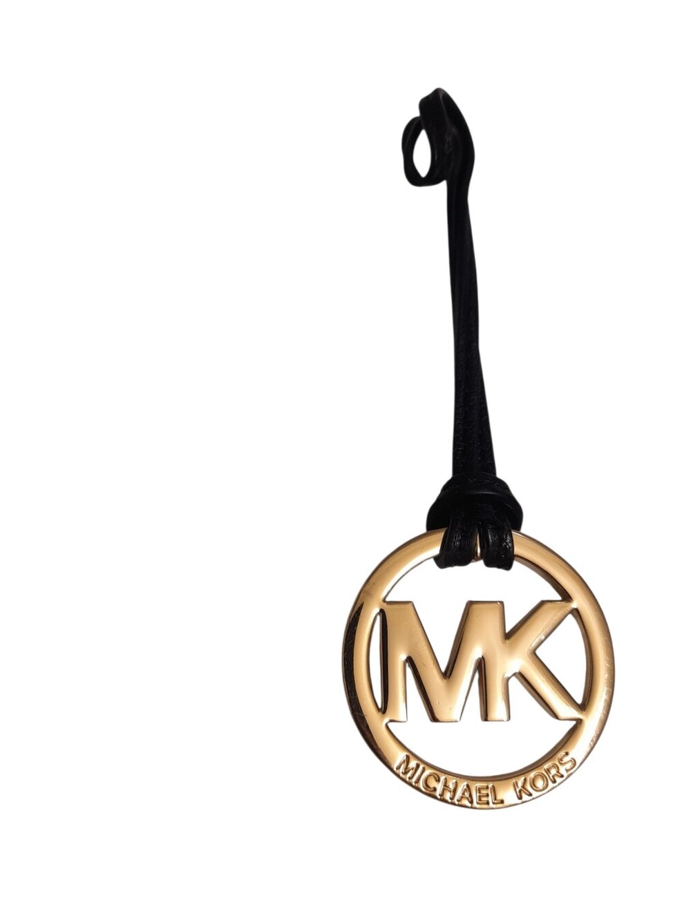 Michael Kors Black Leather Strap with Gold MK Circle Pendant Bag Charm